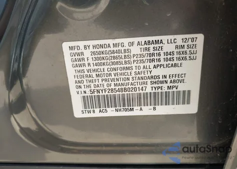 2008 Honda Pilot Ex-L из США, поврежденный, VIN 5FNYF28548B020147